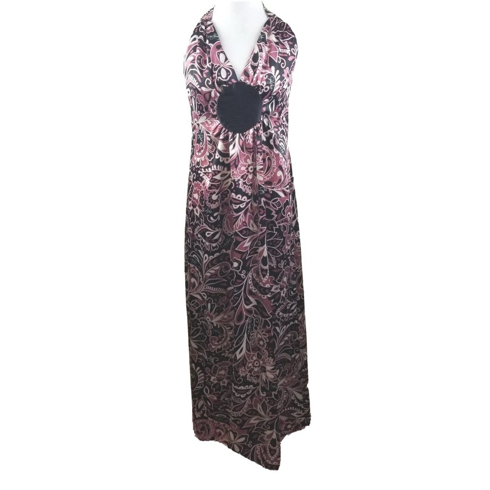 Baby Phat Maxi Dress Y2K 90s Long Halter Silky Women's 9 Small Paisley Black